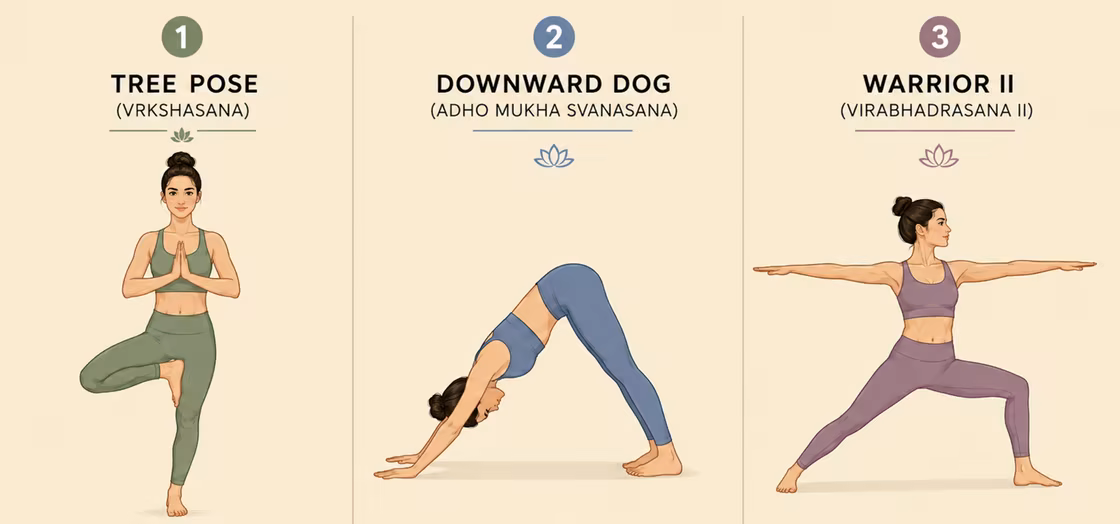 Yoga-Aufwärmübungen: Baum, herabschauender Hund, Krieger II